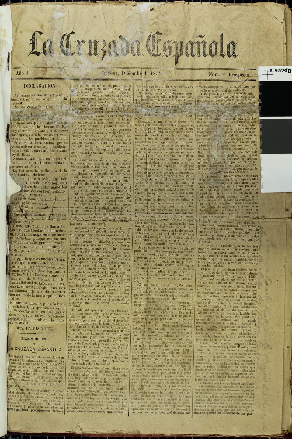 Número Prospecto, Diciembre de 1874 [Documento]