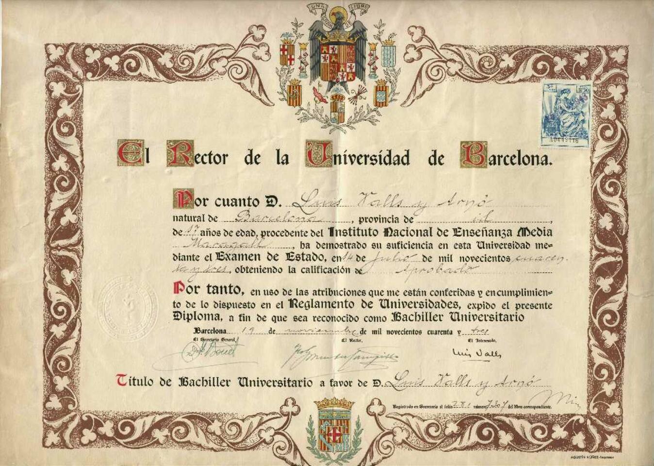 T&iacute;tulo de bachiller universitario [Documento]