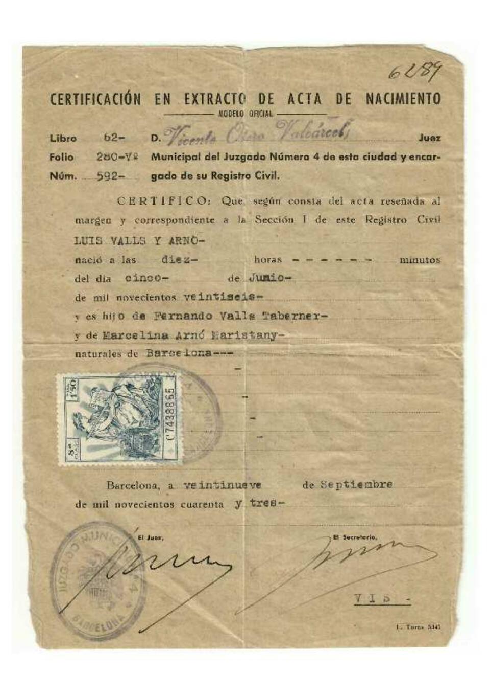 Certificaci&oacute;n de extracto de acta de nacimiento [Documento]