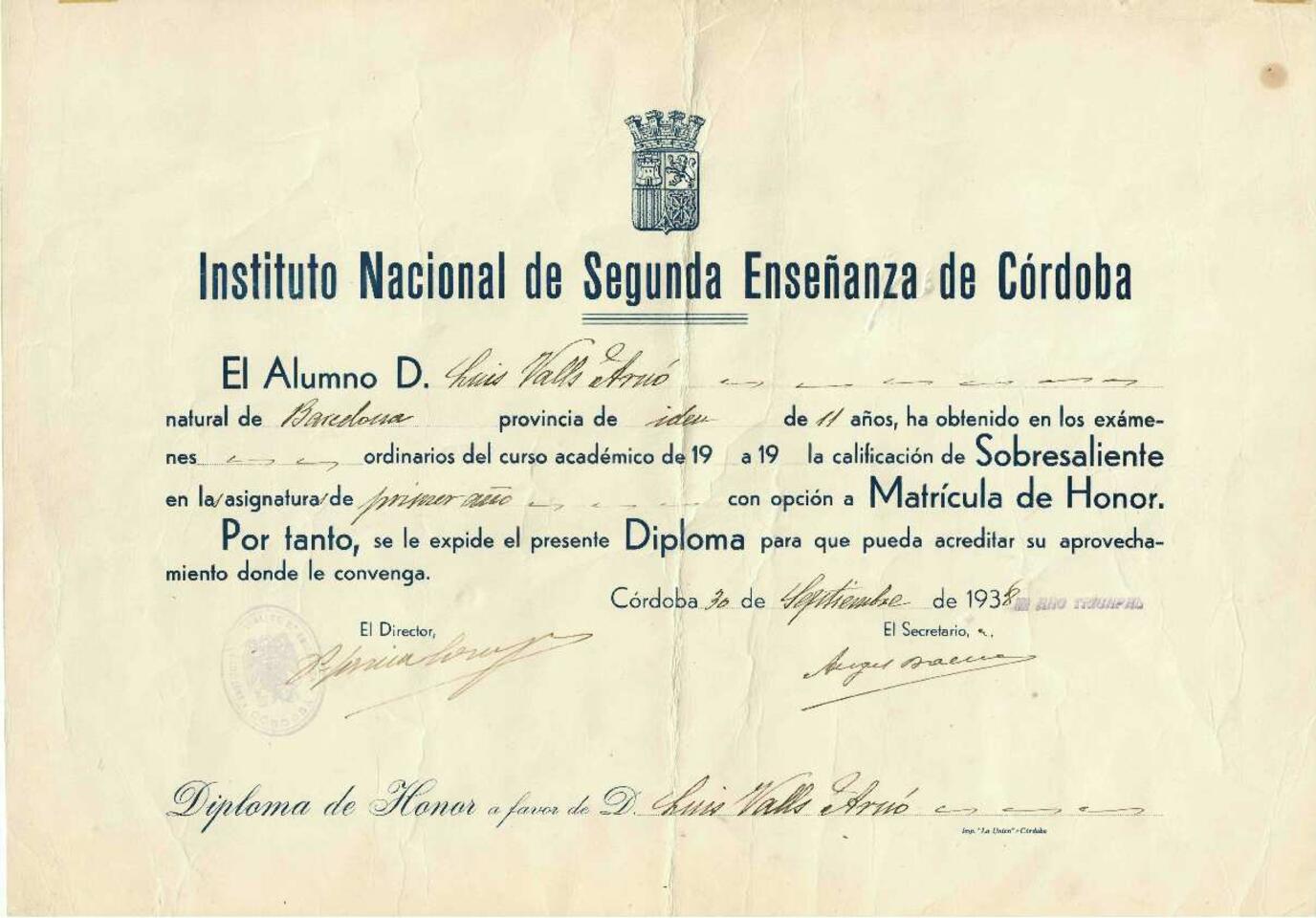 Diploma de honor de secundaria del Instituto nacional de C&oacute;rdoba [Documento]