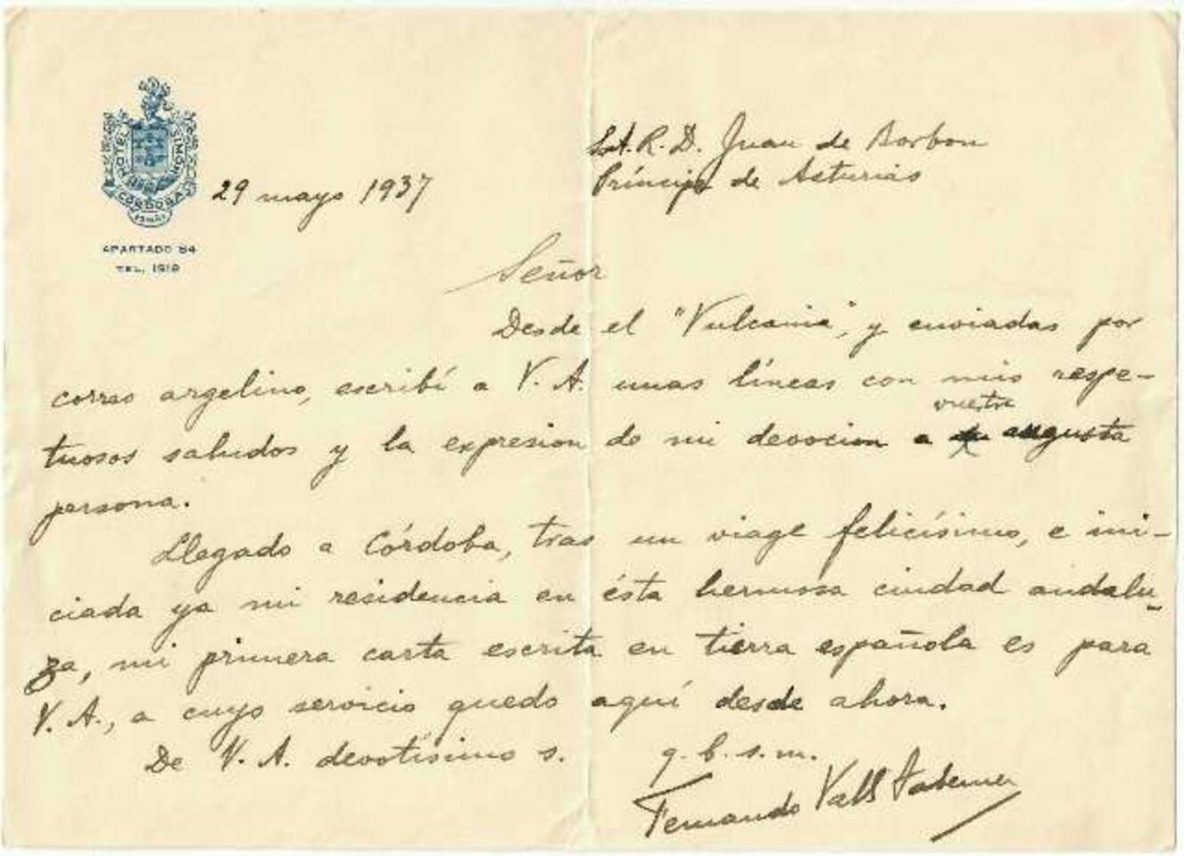 Carta de Fernando Valls Taberner a Juan de Borb&oacute;n [Documento]
