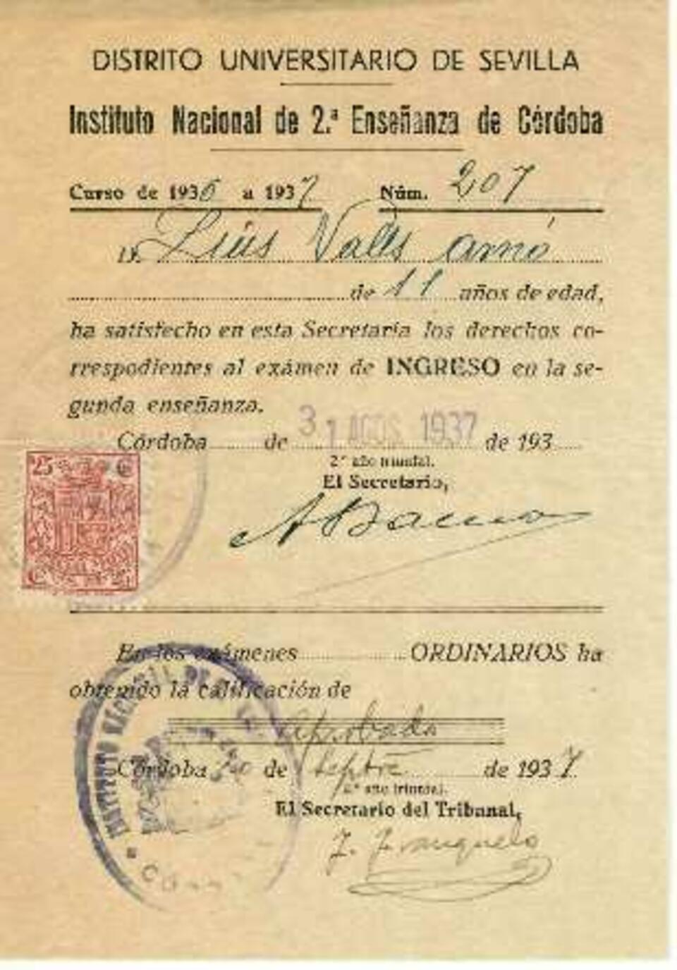 Calificaciones escolares de Luis Valls-Taberner [Documento]