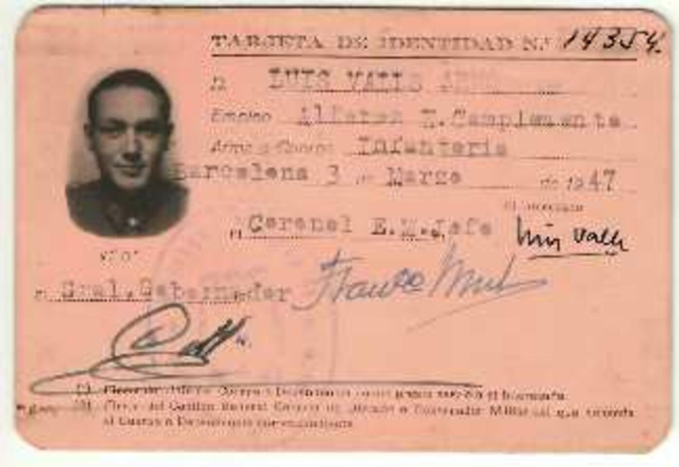 Tarjeta de Alf&eacute;rez de Luis Valls-Taberner [Documento]