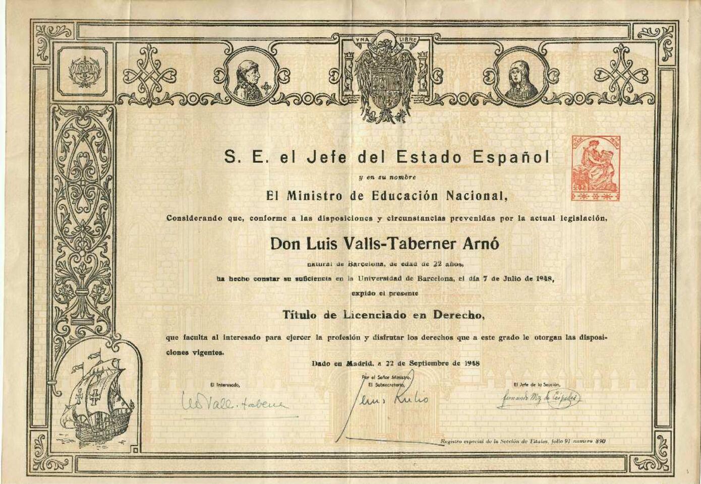 T&iacute;tulo de licenciado en Derecho de Luis Valls-Taberner [Documento]