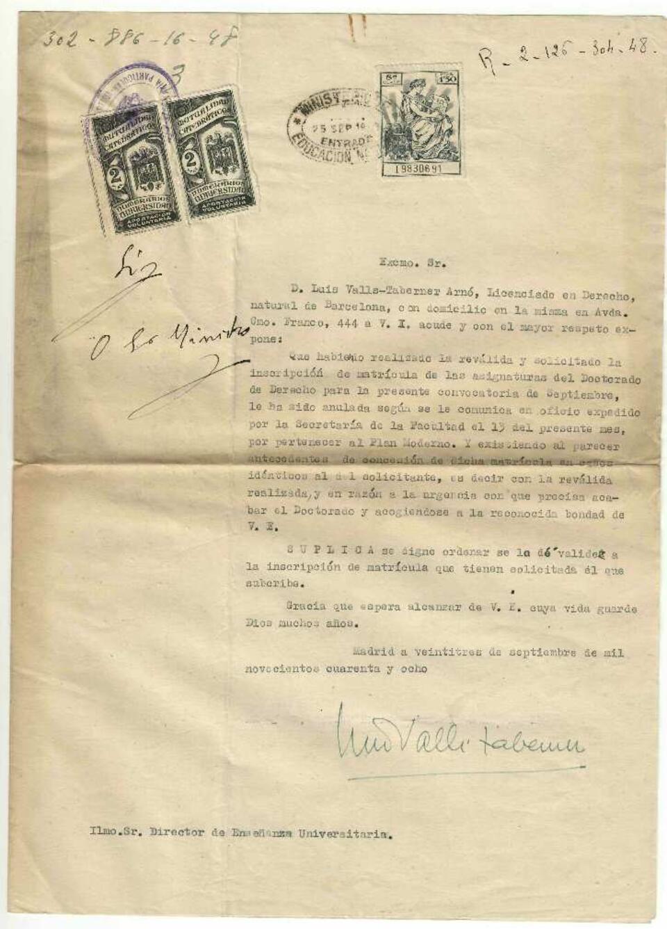 Solicitud de inscripci&oacute;n de matr&iacute;cula en el doctorado de Luis Valls-Taberner [Documento]