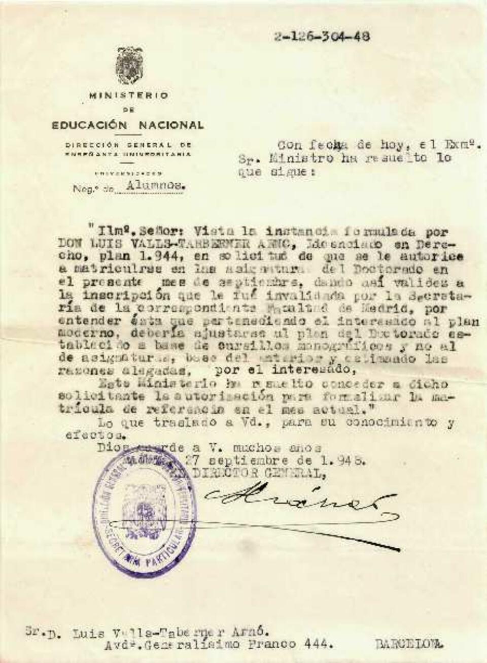 Autorizaci&oacute;n de matr&iacute;cula en el doctorado de Luis Valls-Taberner [Documento]