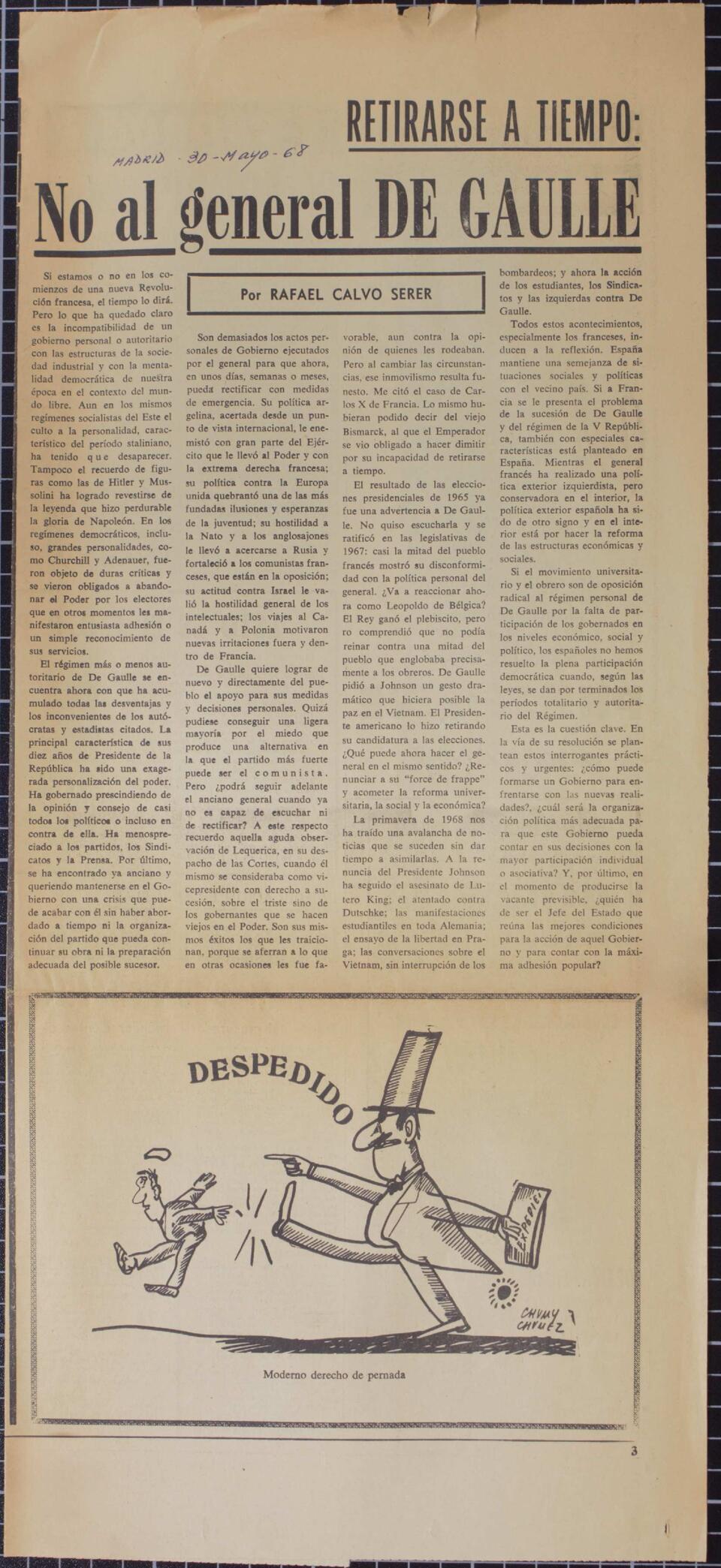 Art&iacute;culo "Retirarse a tiempo. No al general De Gaulle" de Rafael Calvo Serer en el Diario Madrid [Documento]