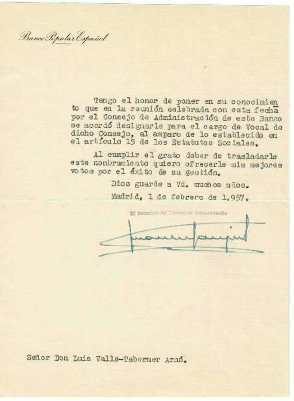 Nombramiento de Luis Valls-Taberner como miembro del consejo de administraci&oacute;n del Banco Popular [Documento]
