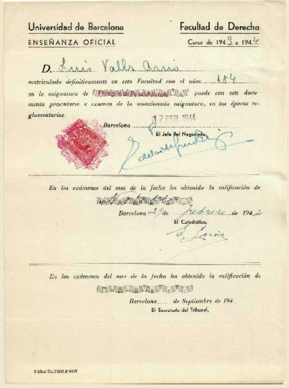Calificaciones de la universidad de Luis Valls-Taberner [Documento]