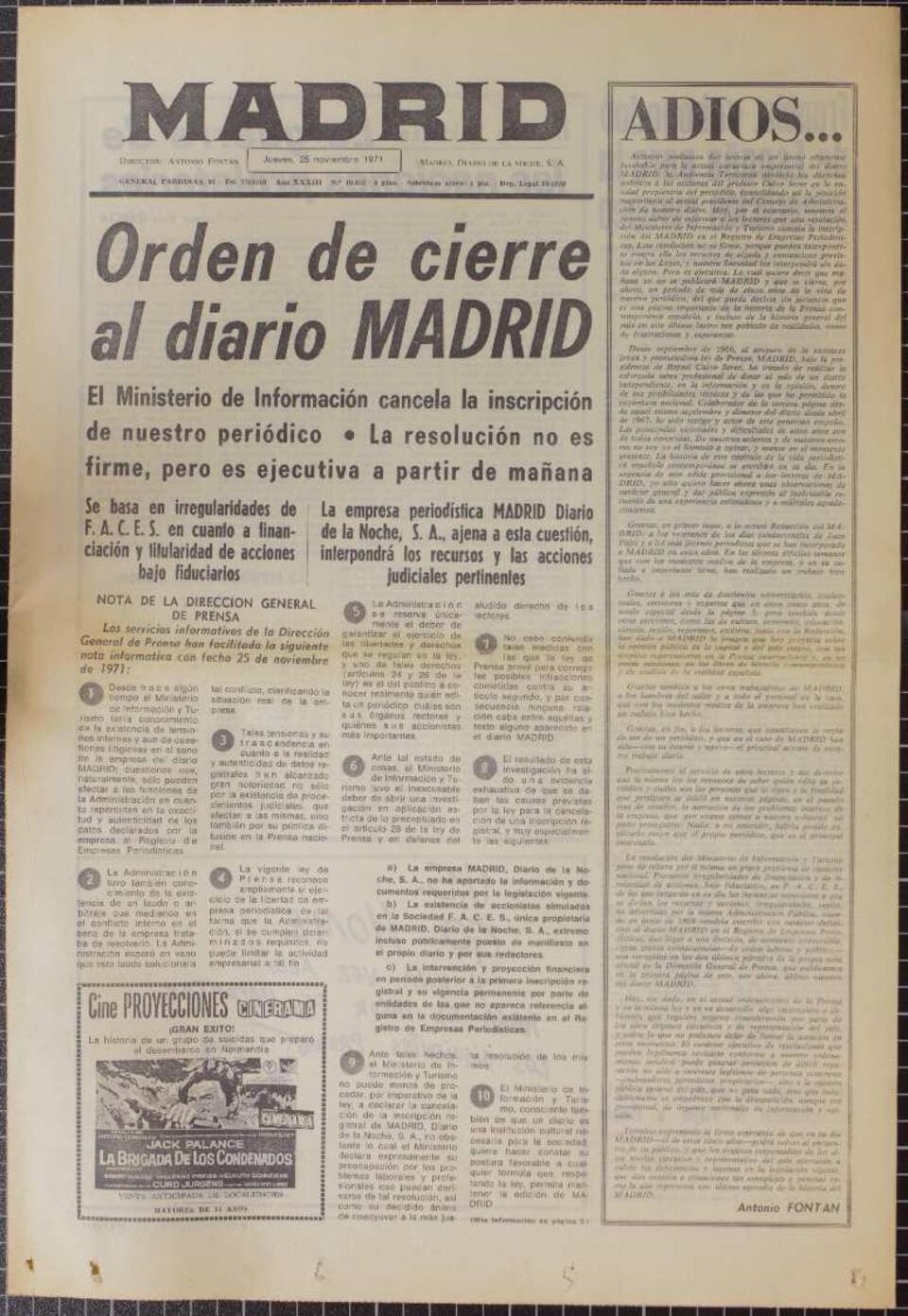 Portada del Diario Madrid anunciando su orden de cierre [Documento]