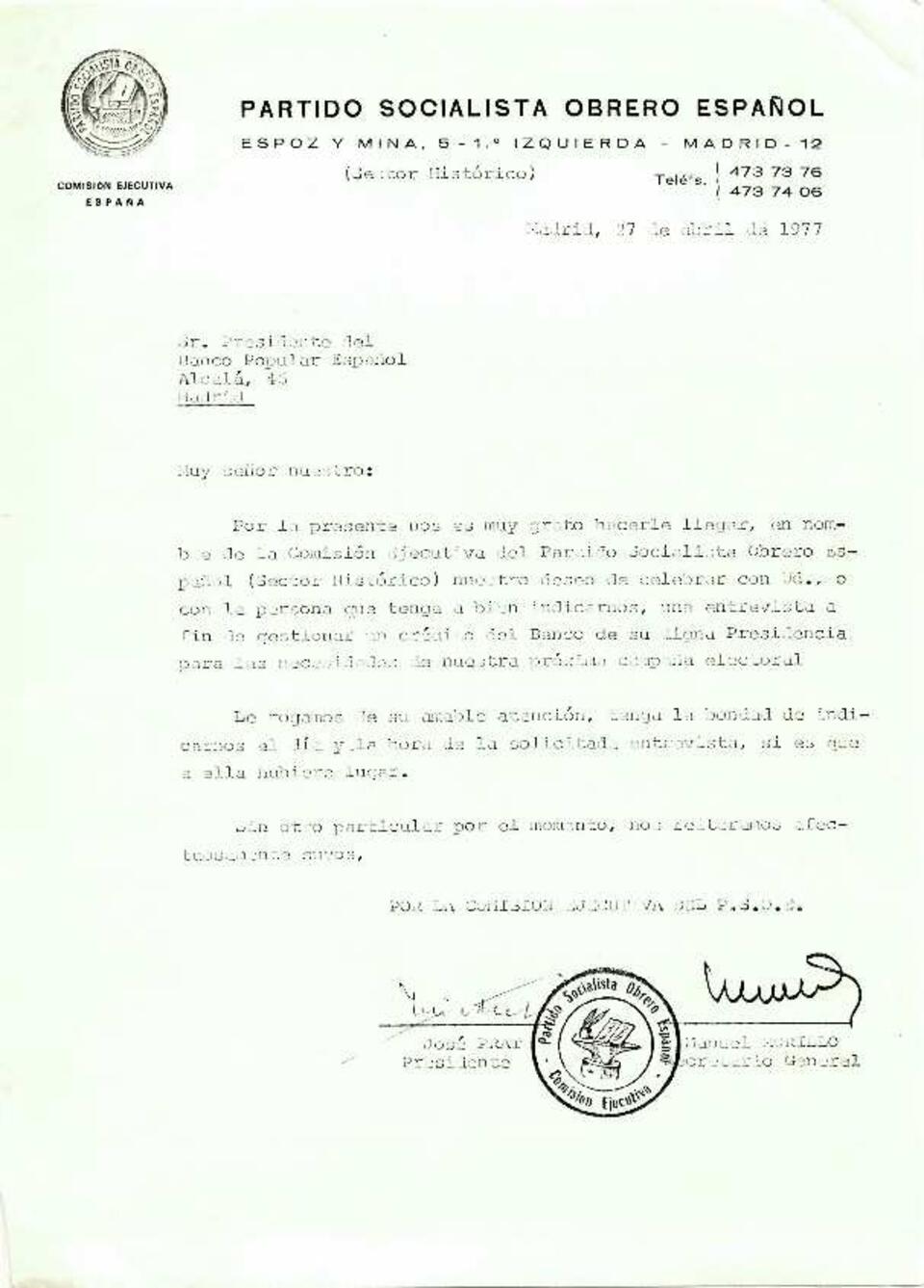 Carta de la secci&oacute;n hist&oacute;rica del PSOE solicitando financiaci&oacute;n al Banco Popular [Documento]